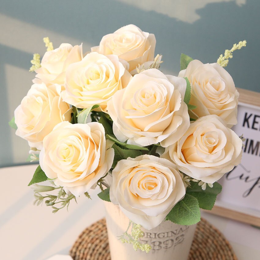Ramo de rosas artificiales de seda púrpura, arreglo de flores de simulación para de boda, hogar, jardín, sala de estar, decoración de escritorio: Champán