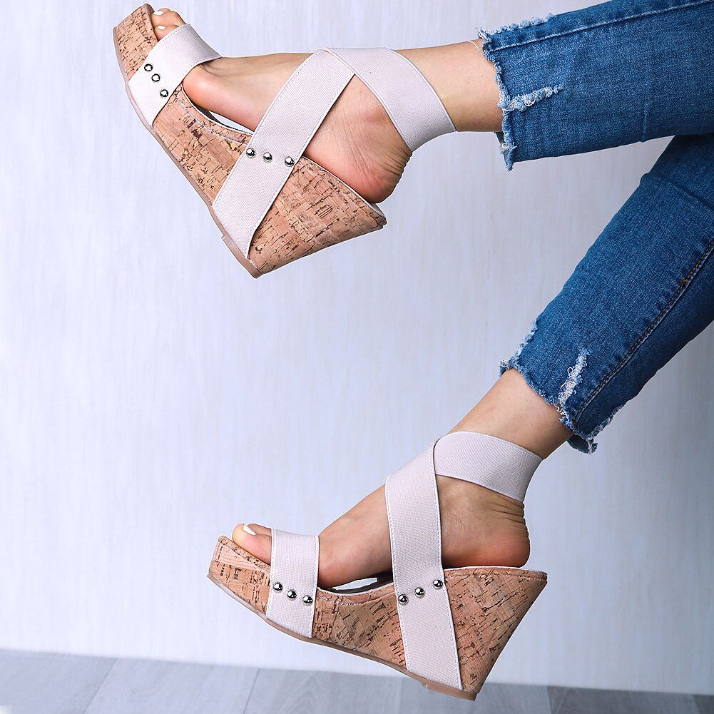 SARAIRIS Big size 43 Wood platform high heels elastic band wedges sandals female summer shoes women