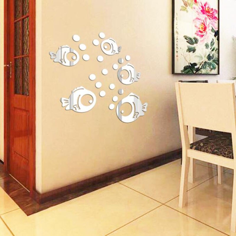 2Sets Creatieve Acryl Spiegel Muursticker Diy Bubble Vis Sticker Leuke Cartoon Vis Muursticker Home Decoratie