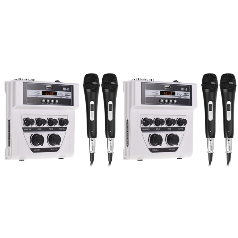 Bluetooth o DJ Mixer Home Mixer Outdoor Microphone Amplifier Small Mixer with 2 Microphone White