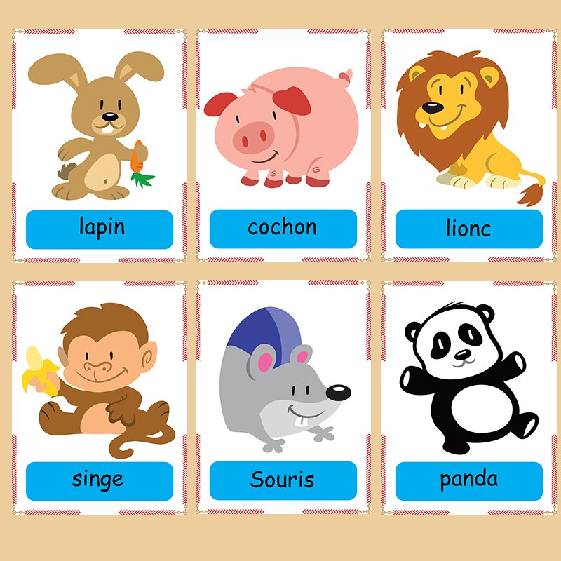 30Pcs French Cartoon Animals Giraffe French Learning Word Card Learning Card Early Education Children's Games Word Pocket Cards