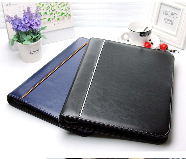 Multifunktionel personlig business lynlås padfolio mappe dokument taske organizer pu læder  a4 mappe mappe portefølje lommeregner