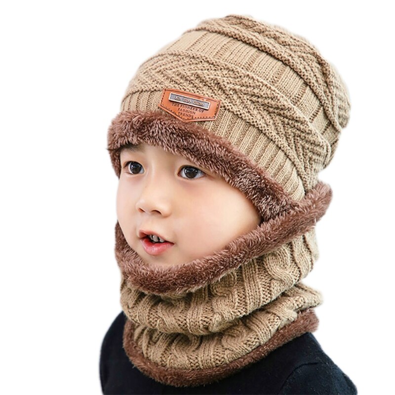 Gorro de invierno para niños, 2 uds., conjunto de bufanda circular, etiqueta de cuero sintético, Crochet, tejido de felpa, forrado, gorro de Calavera, calentador de cuello: Caqui