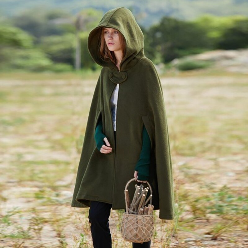 Winter Cloak Jacket Wool Women Gothic Hooded Capes Shawl Solid Coat Ponchos Cape Poncho Loose Female Cloak Jacket: ED00422GN / XL