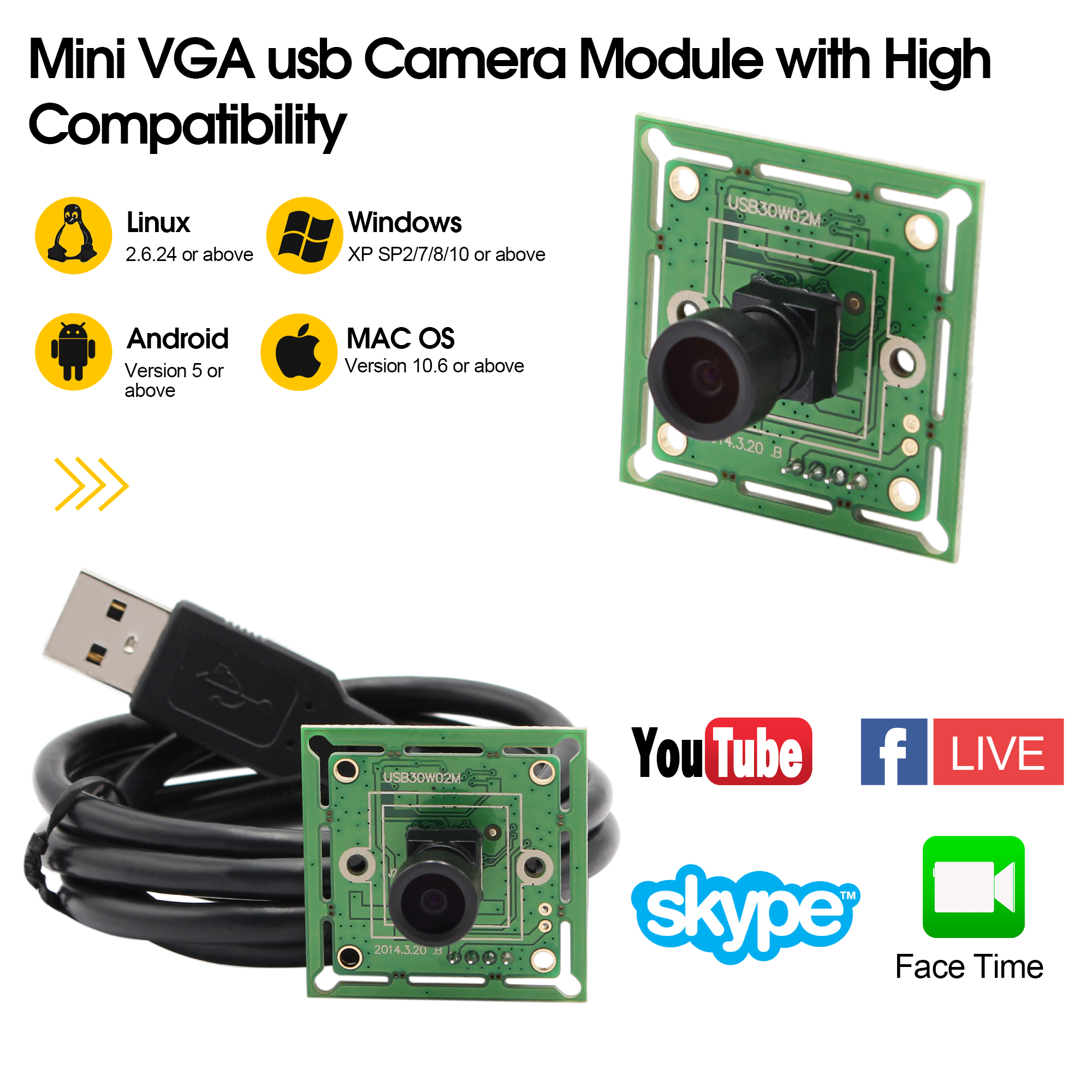 ELP 32*32/26*26mm Mini Camera Module High Speed 60fps Wide Angle 100degree M7 Lens VGA 640*480P OV7725 Small Size PC Camera