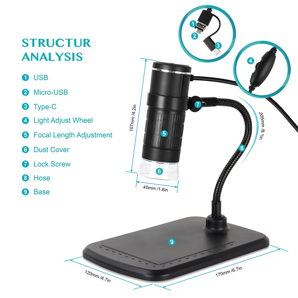 HD Electron Digital Microscope 1000X with 8 LED 3in1 Plug for Mobile Phone PC Skin PCB Inspection Tools Photo Video Recorder