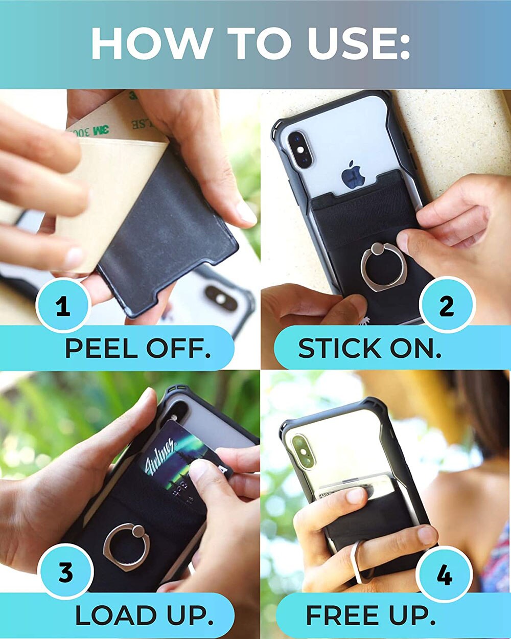 3-en-1 adhésif autocollant téléphone dos cartes Spandex anneau portefeuille téléphone portable porte-carte d'identité poignée de doigt béquille double poche #50