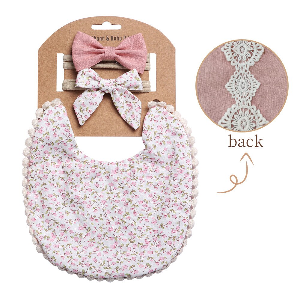 2Pcs/3Pcs Set Baby Speeksel Bib Hoofdband Set Sjaal Linnen Katoen Effen Kleur Afdrukken Kinderen Double Side gebruik Burp Doeken Kids: 9