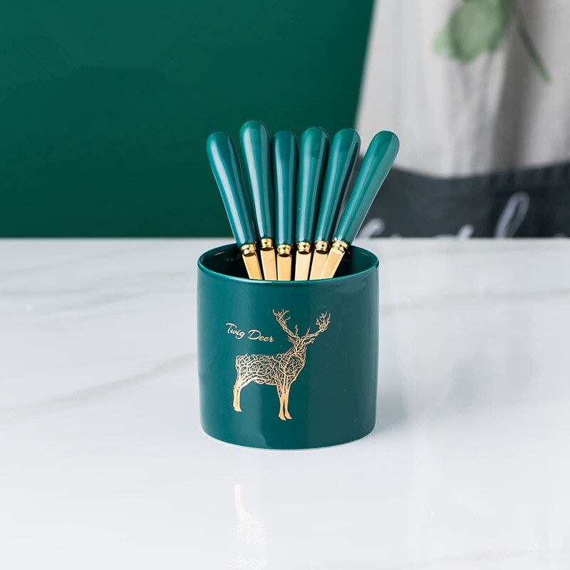 Nordic Ceramic Stainless Steel Fruit Fork Storage Tube Dessert Fork Cake Fork Fruit Fork Storage Pot Living Room Fruit Fork Set: 6 forks pot 2