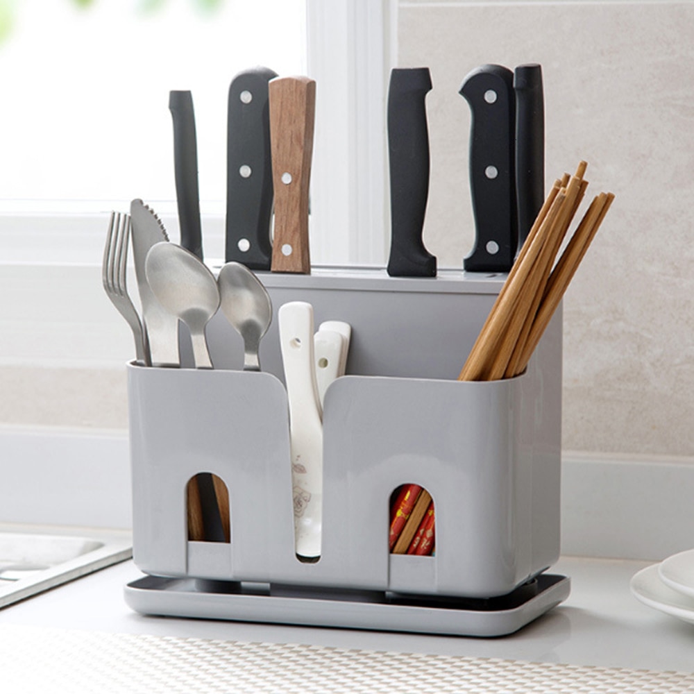 Køkkenredskabsholder plastik knivstativ holder organizer multifunktionel køkken opbevaringsboks stativ bestikholder: Grå