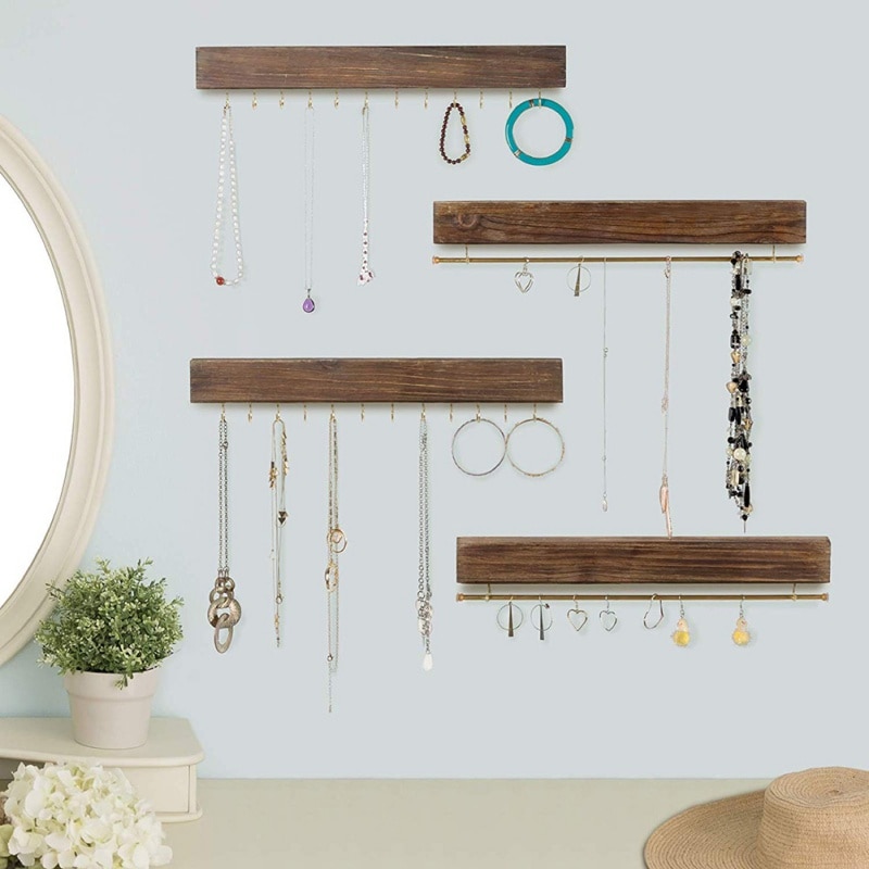 Wooden Wall Mounted Organizer Coat Rack Display Jewelry Hook Holder For Necklace Earrings Ring Scarf Hangers Jewellery Rack