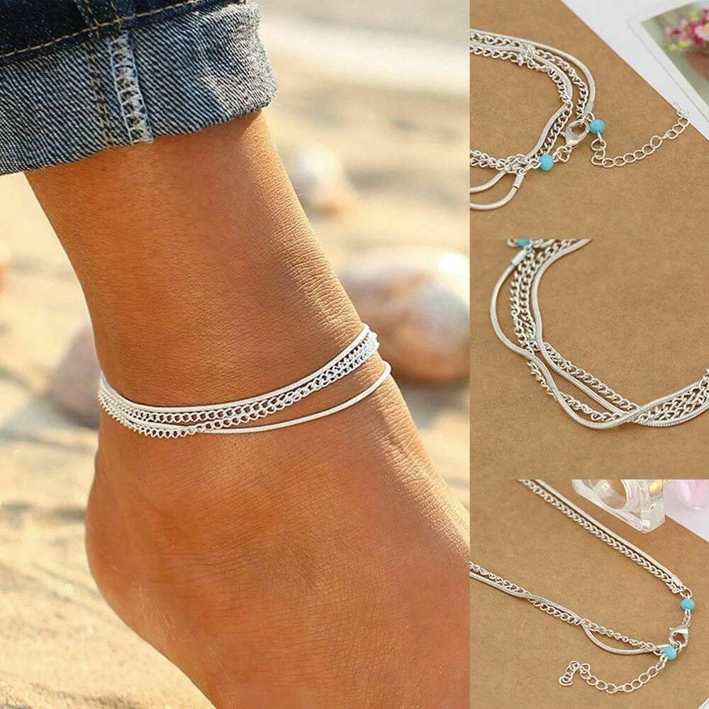 Zomer Eenvoudige Zilveren Kleur Bead Chain Enkelband Bohemian Vintage Schoeisel Been Armbanden Vrouwelijke Voet Sieraden