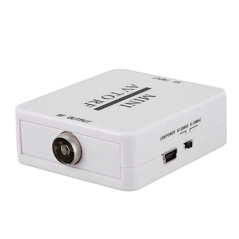 Mini HD caja convertidora de vídeo RCA AV CVSB a RF convertidor adaptador de Video de apoyo de RF 67,25 Mhz 61,25 Mhz AV a RF Scaler conmutador de TV