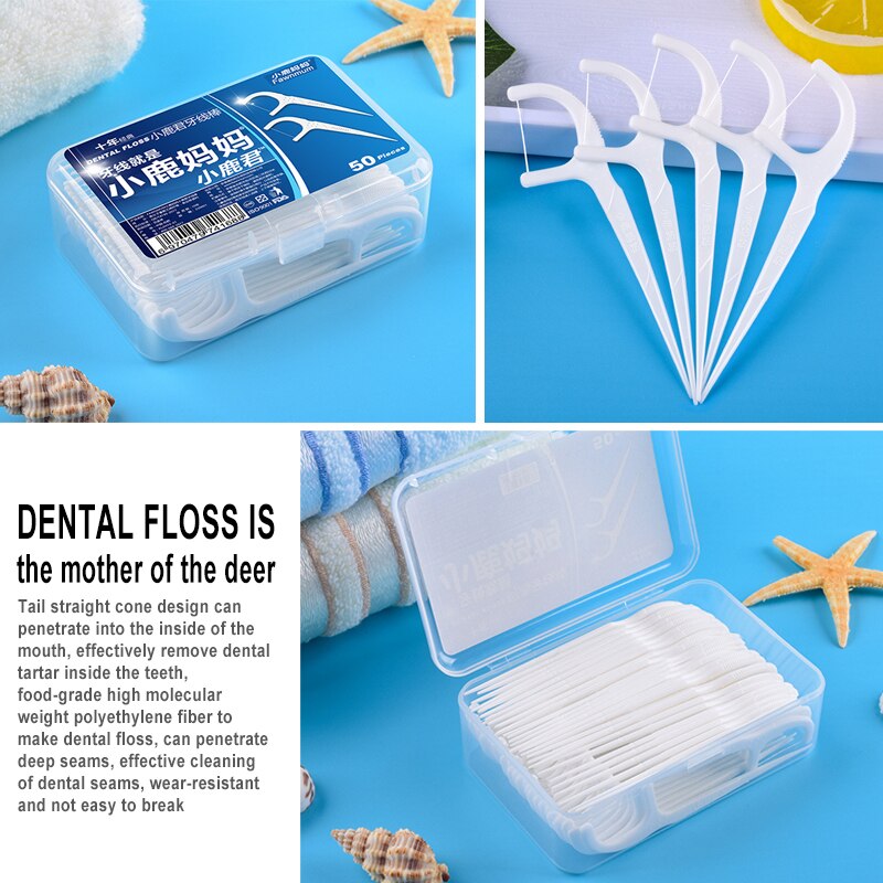 50 unids/set de hilo Dental dientes palo palillos de dientes cepillo Interdental Blanco/dientes negros limpio hilo Dental y mondadientes con caja