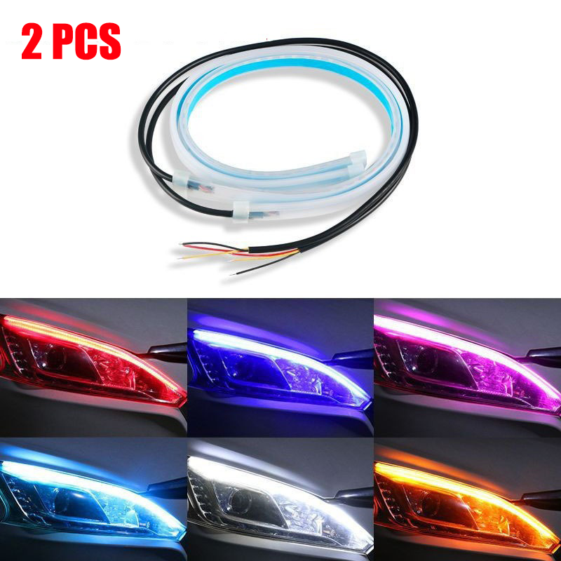 2 uds 12V LED DRL luz de circulación diurna de coche tira impermeable Flexible faros de coche señal de giro blanca luces de flujo de freno amarillas