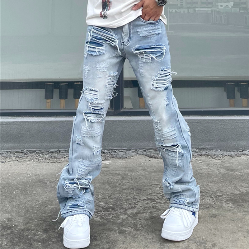 Baggy Jeans Hole Flare Denim Trousers Men Hip Hop Distressed Streetwear Ripped Flared Jeans Biker Tailored Washed Destroyed