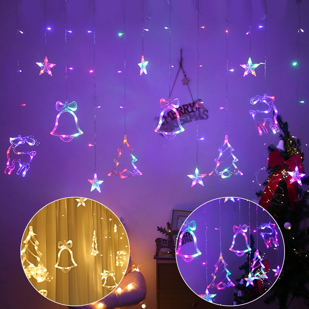Kerst Led Gordijn Lichten Bell Herten Xmas Tree Sterren 8 Verlichting Modi Twinkle String Lights Home Decor Slaapkamer Wandlampen d30