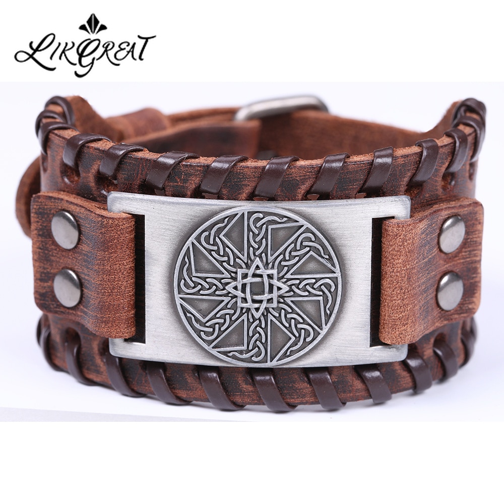 LIKGREAT Slavic Kolovrat Wicca Amulet Cuff Wristband Jewelry Sun Wheel Celtics Knot Pagan Talisman Adjustable Leather Bracelet