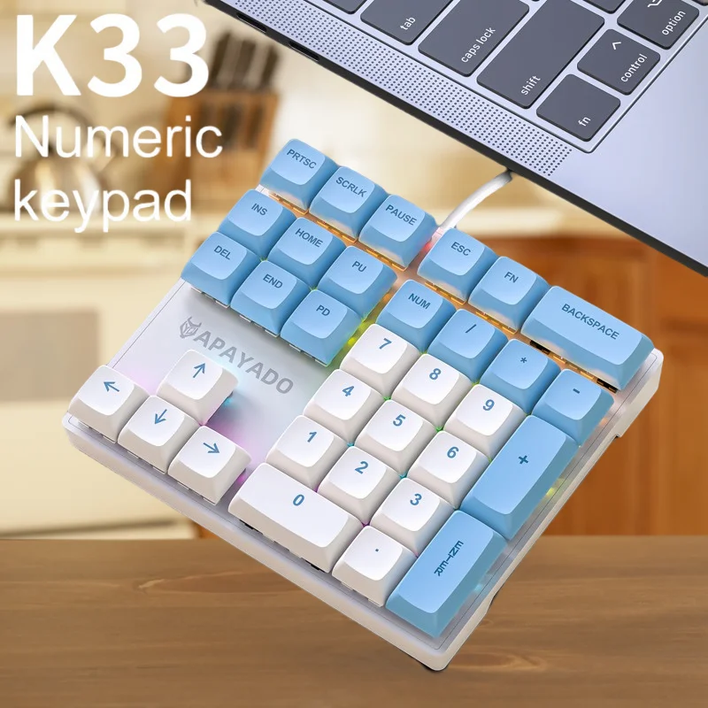 Apayado  k33 mekanisk numerisk tastatur med blå skaft, mini 33- -tasters pbt-tastehetter og livlige rgb-lys, skreddersydd for regnskap