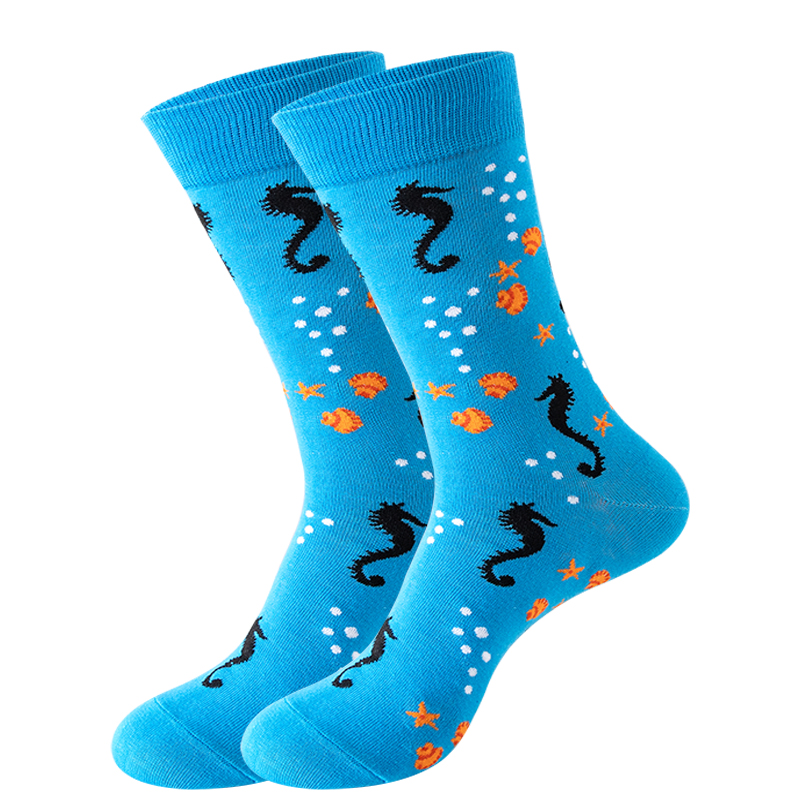 Nuevos calcetines de para hombre Harajuku japonés calcetines de dibujos animados felices caballito de mar cangrejo camarones calcetines de Coral tendencia medias masculinas calcetines divertidos: Azul oscuro
