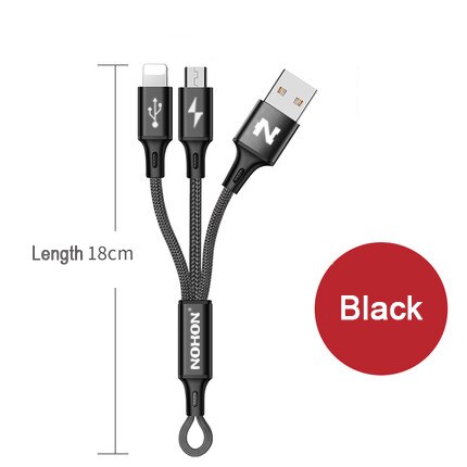 Nohon 2 In 1 Usb Kabel Micro 8Pin Usb Snel Opladen Kabels Voor Iphone 8X7 6 6S plus Ipad Ipod Samsung Nokia Nylon Draad: 2-in-1 18cm Black