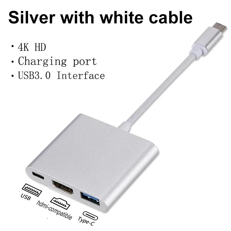 3 IN 1 Type C To HDTV + USB + USB-C Adapter Cable USB C To HDMI -compatible 4K USB-C Docking Station Adapter For Laptop Computer: WHITE