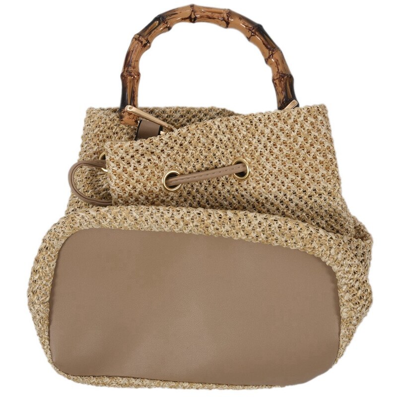 2 Pcs Drawstring Women's Straw Bucket Bag Summer Woven Shoulder Bags Shopping Purse Beach Straw Handbags, Khaki & Brown