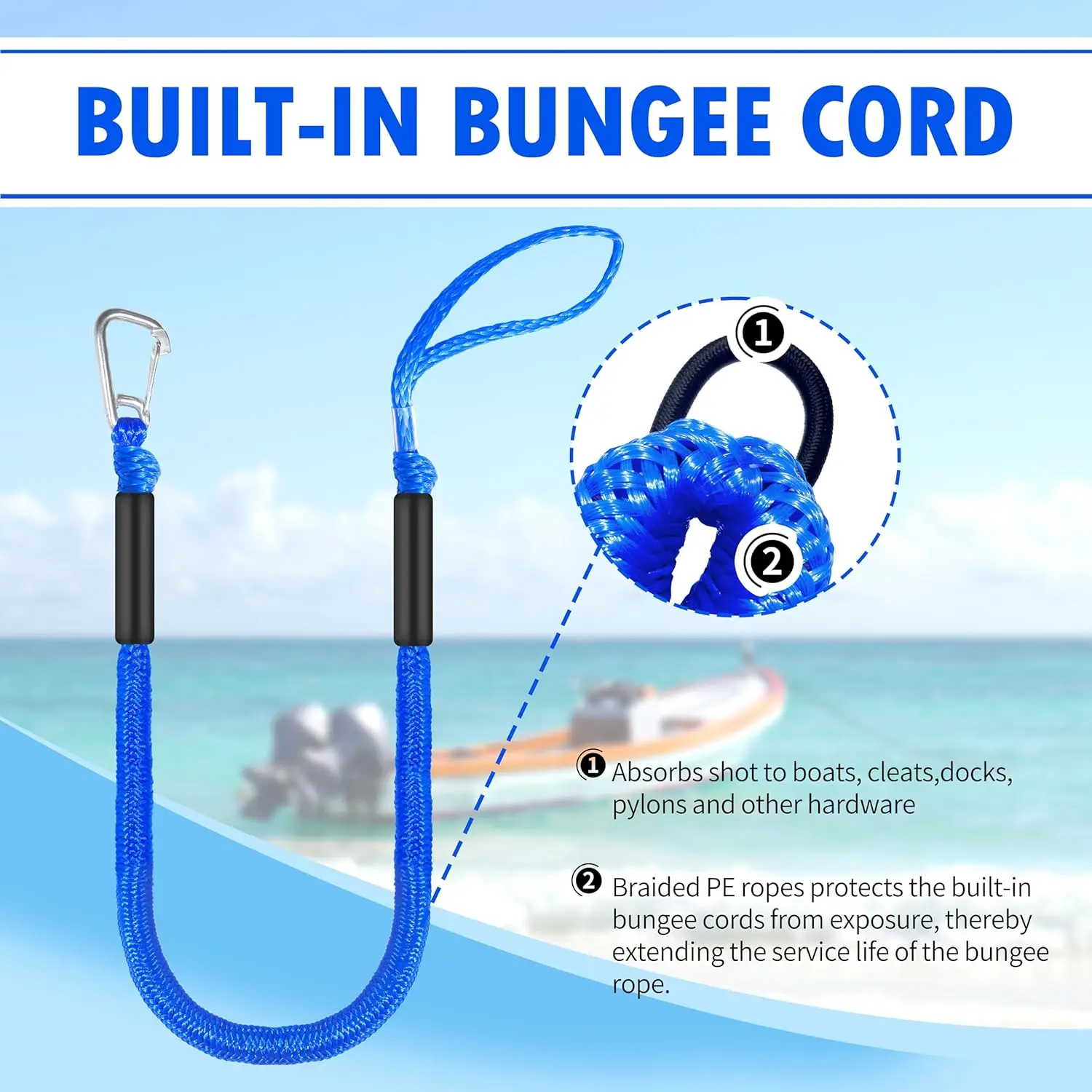 Líneas de muelle elásticas de 4 pies para barco, cuerdas de amarre de muelle (azul, 4 pies con un gancho)