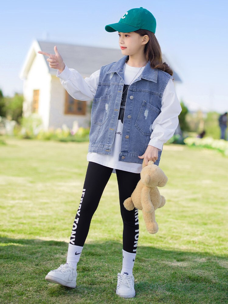 Gilet di jeans per ragazze primavera 2022 nuovo abbigliamento esterno gilet per bambini autunno gilet 4 5 6 7 8 9 10 gilet per bambini invecchiato cappotto abbigliamento per ragazze