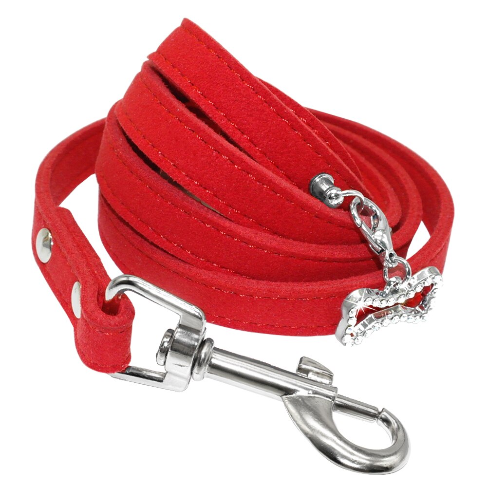 Zachte Suède Pet Hondenriem Katten Honden Wandelen Lead Touw Met Bling Strass Bone Hanger Huisdier Kat Kraag Riemen band: Rood