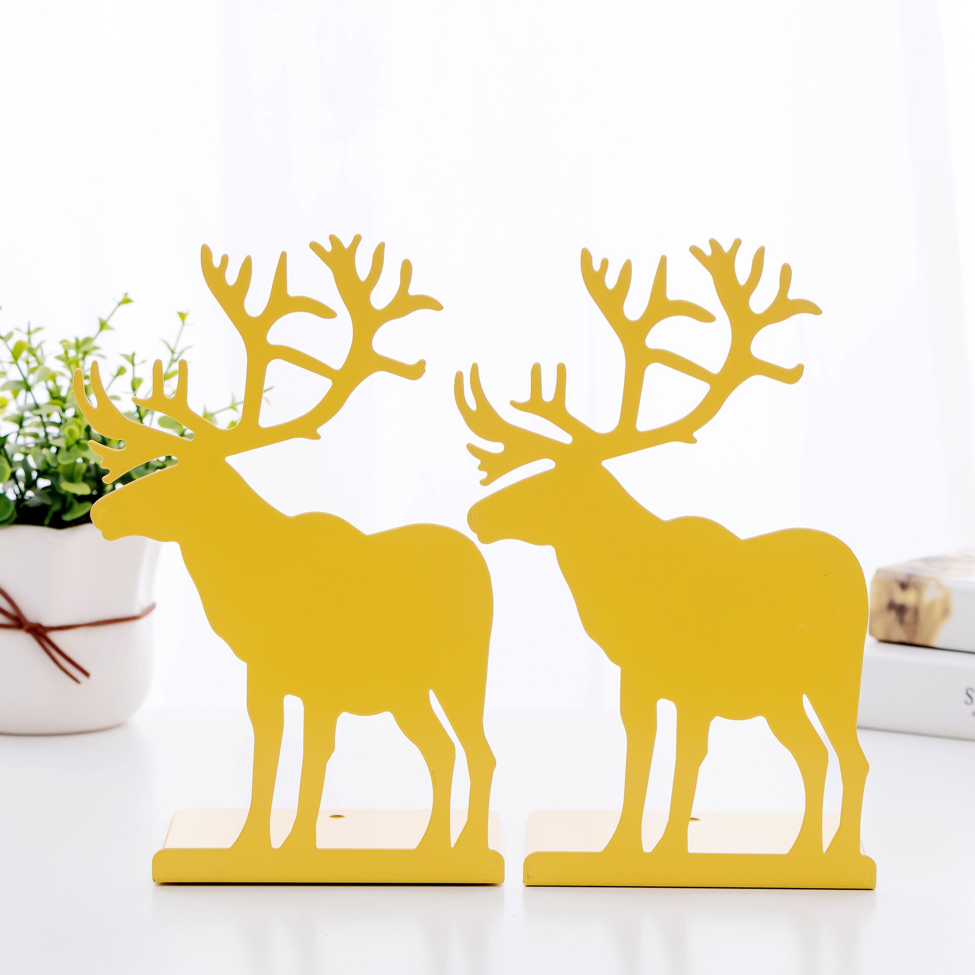 Koreansk reol retro elg rensdyrsmodellering metal jern bogstativ bogstang skole desktop reol 2 stk: Gul