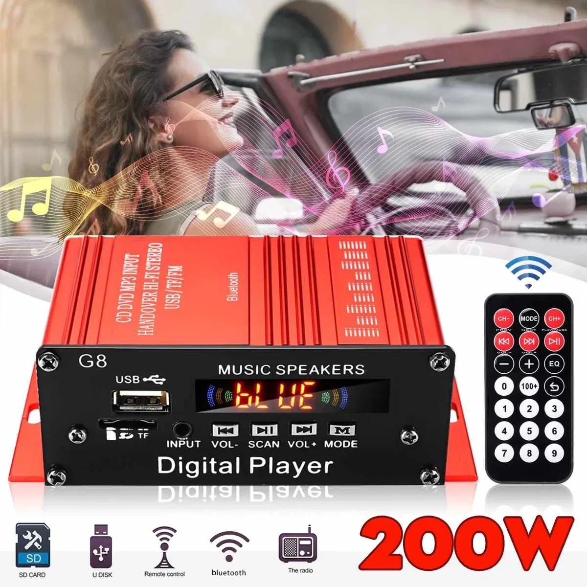 12V 200W 2CH Mini Digital bluetooth HIFI Audio Power Amplifier Car Audio Amplificador Stereo Amplifiers FM Radio USB W/Remote