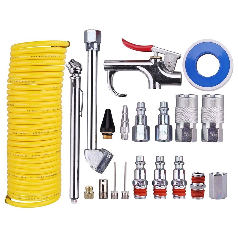 20 Pieces Air Compressor Accessory Kit, 1/4 Inch NPT Air Tool Kit with 1/4 Inch x 25Ft Coil Nylon Hose/Tire Gauge: Default Title