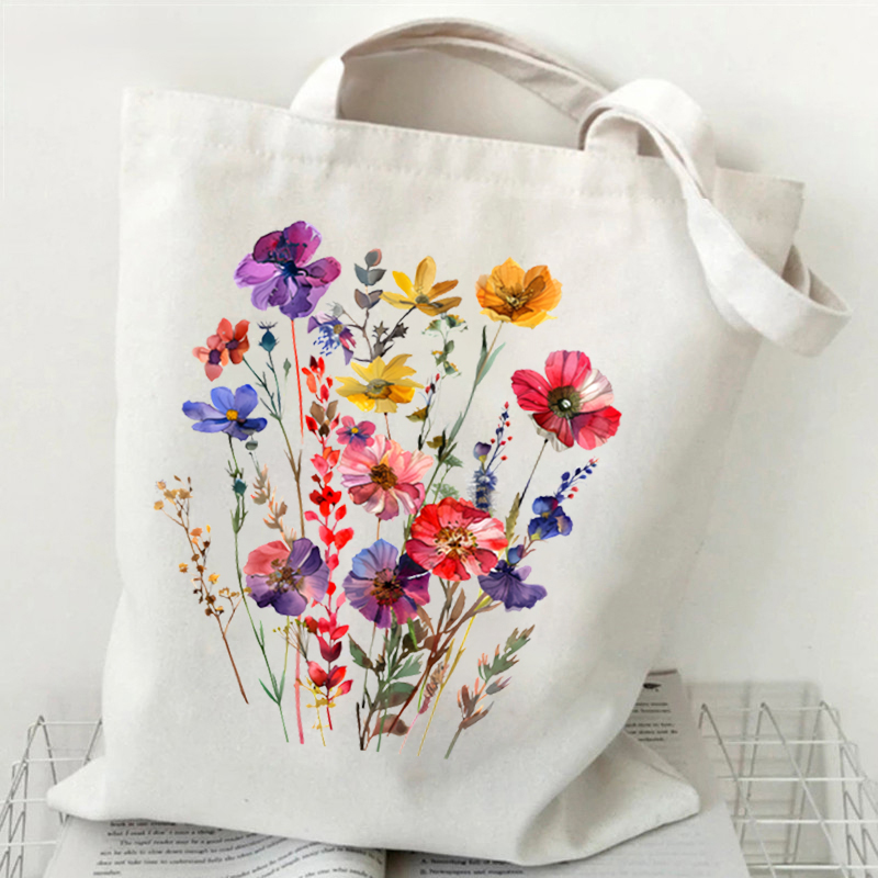 Bolso de mano de lona con estampado de flores silvestres bohemias, bolso de compras reutilizable para mujer, bolsos y bolsos, bolso de tela para compras: Multicolor