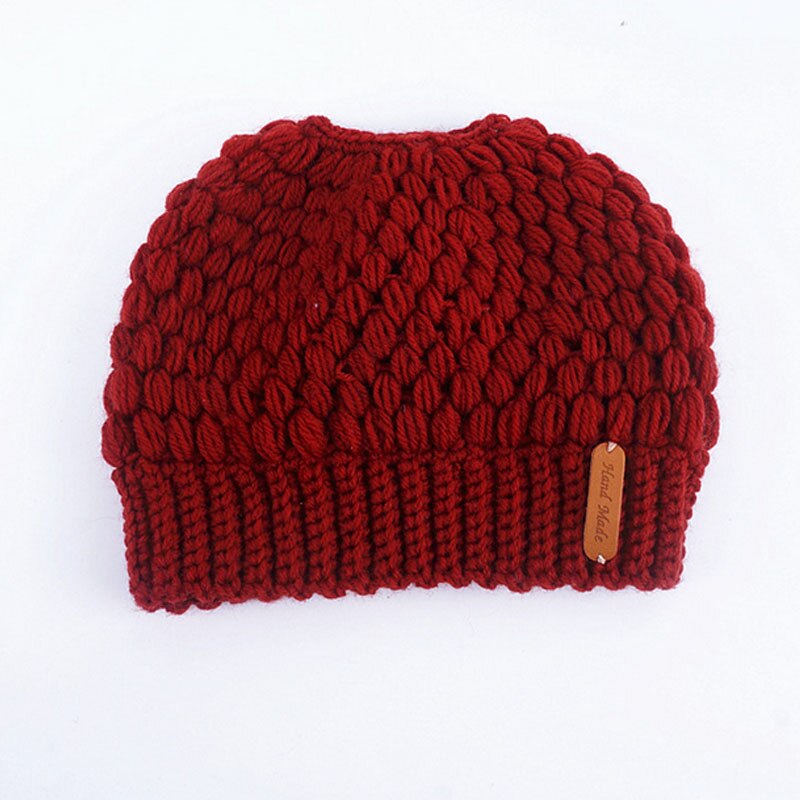 Kvinder piger stretch strik hat rodet høj bolle hestehale beanie varm hul heste hestehale stretchy strik hæklet kraniet cap: -en