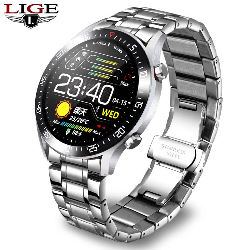 Lige tela de toque completa relógio inteligente masculino smartwatch para android ios freqüência cardíaca monitor pressão arterial à prova dwaterproof água relógios fitness