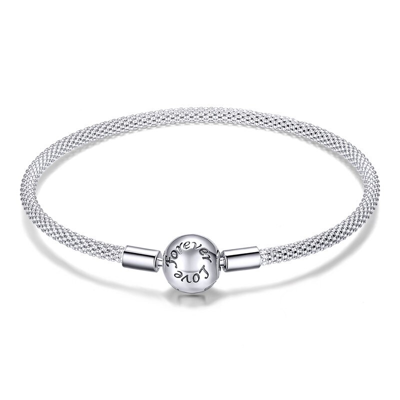 BISAER 925 Sterling Silver Snake Chain Forever Love Round Clasp Women Bracelets Sterling Silver Jewelry Pulseira ECB105: 19CM