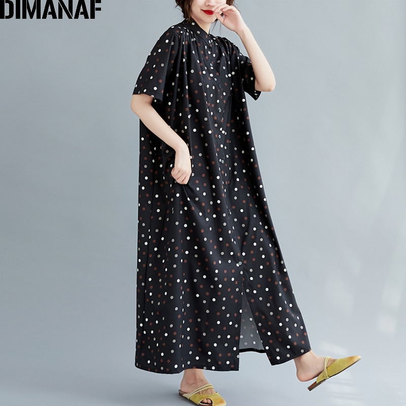 DIMANAF-vestido en tallas grandes para mujer, ropa de verano, holgado, informal, estampado de lunares, cárdigan con botones, talla grande 5XL