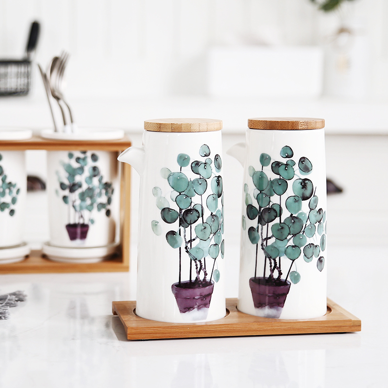 Nordic groene plant home keramische kruiden pot Eetstokjes opslag olie pot zout shaker combinatie set Restaurant keuken benodigdheden