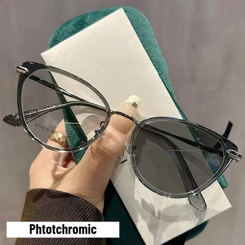 2025 Katze Auge Photochrome Myopiebrille für Frauen draussen Farbwechsel UV-Schutz Sonnenbrille Nahsichtbrille: Kakifarbig / +100