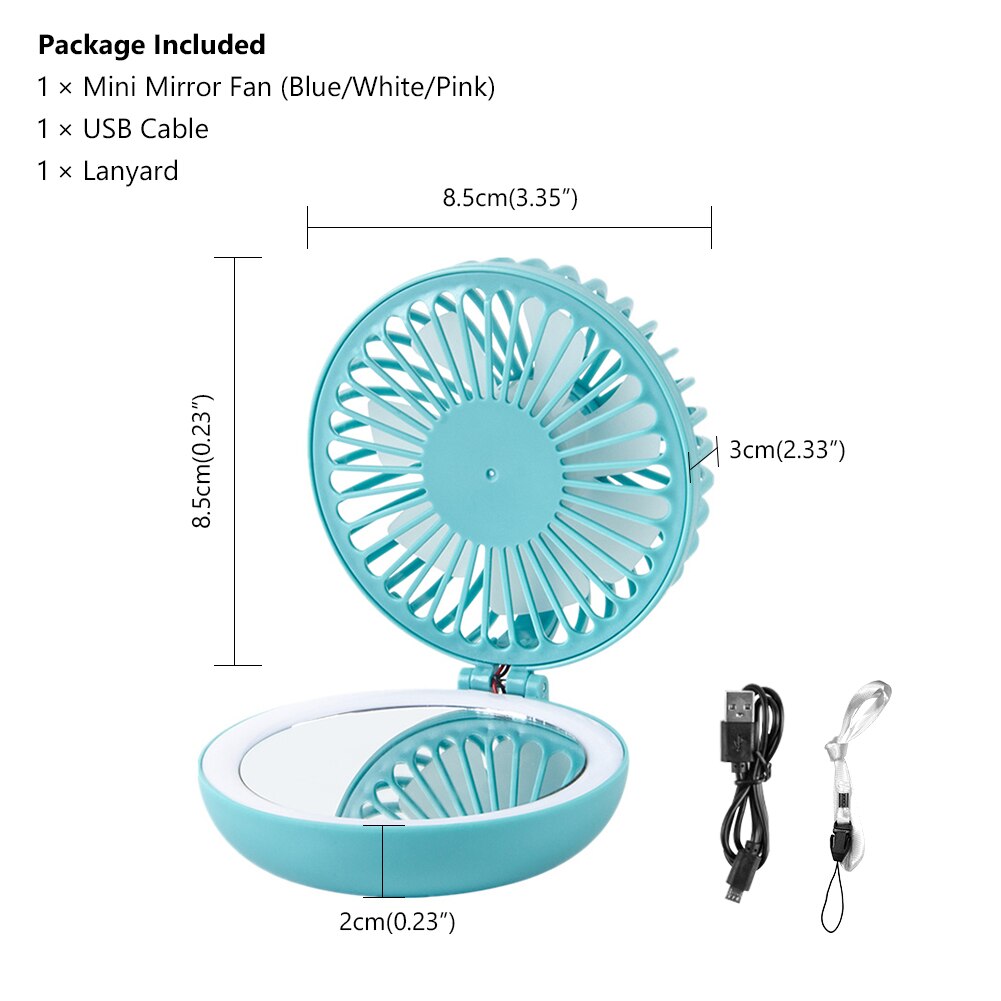 Przenośny wentylator USB 3 tryby prędkości z lusterkiem i światłem LED - Biały, Różowy, Niebieski