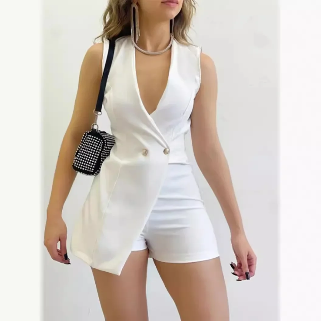 Slanke sexy rompers playsuits kommode frakker jumpsuits kvinner ensfarget ermeløs kontorutflukt jumpsuit