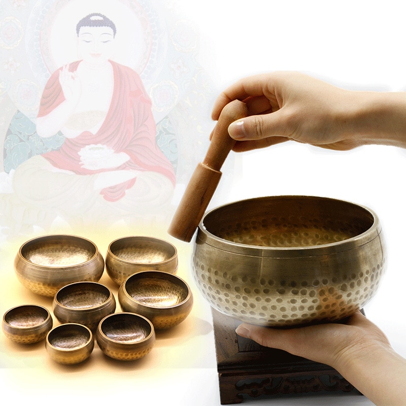 Tibetansk håndlavet sangskål sæt fremragende resonanshealing og meditation yoga skål med hammer, silkepude og silketaske