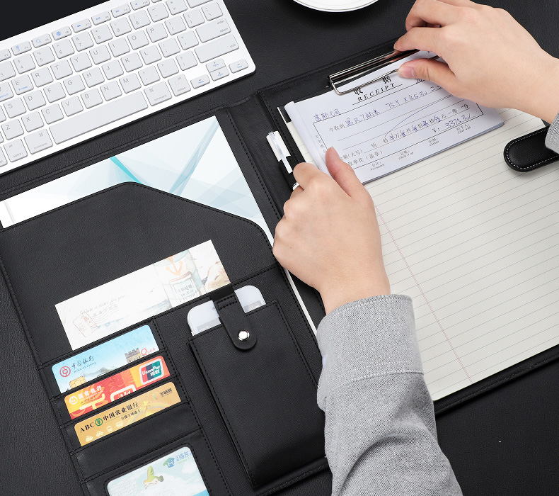 A4 faux leather file folder for documents business manager contract folder holder with refill paper clip cellphone pocket 1314B