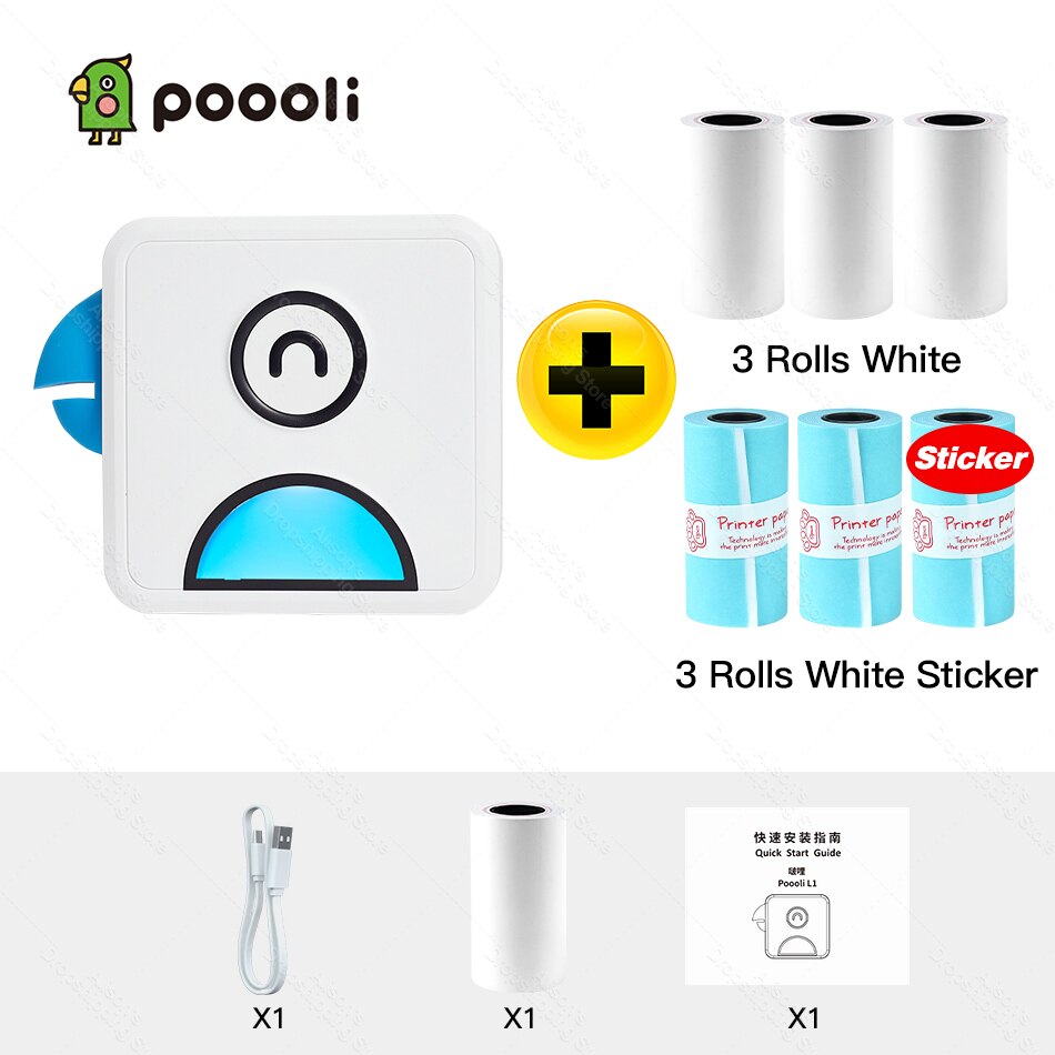Photo Printer Pocket Thermal Label Printer Portable Bluetooth Wireless Receipt Label Sticker Printer Paper Poooli L1: Blue Add 6 Rolls