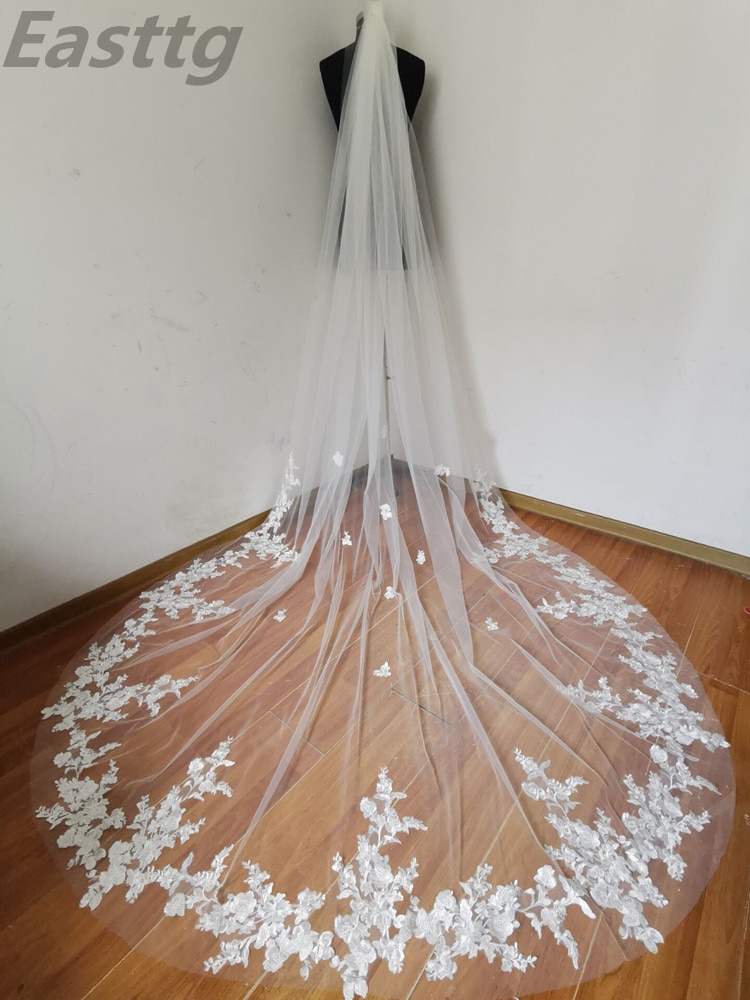 Voile de mariée, Long, bord en dentelle de cathédrale, blanc ivoire, avec peigne, accessoires de mariage, nouvelle photo réelle