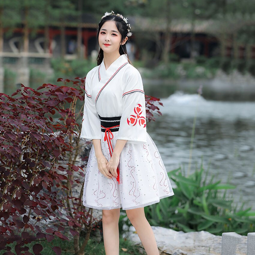 Verano Harajuku japonés tradicional falda de Kimono Set mujeres asiáticas Vintage Yukata bordado Obi vestidos femeninos Hada Retro Hanfu