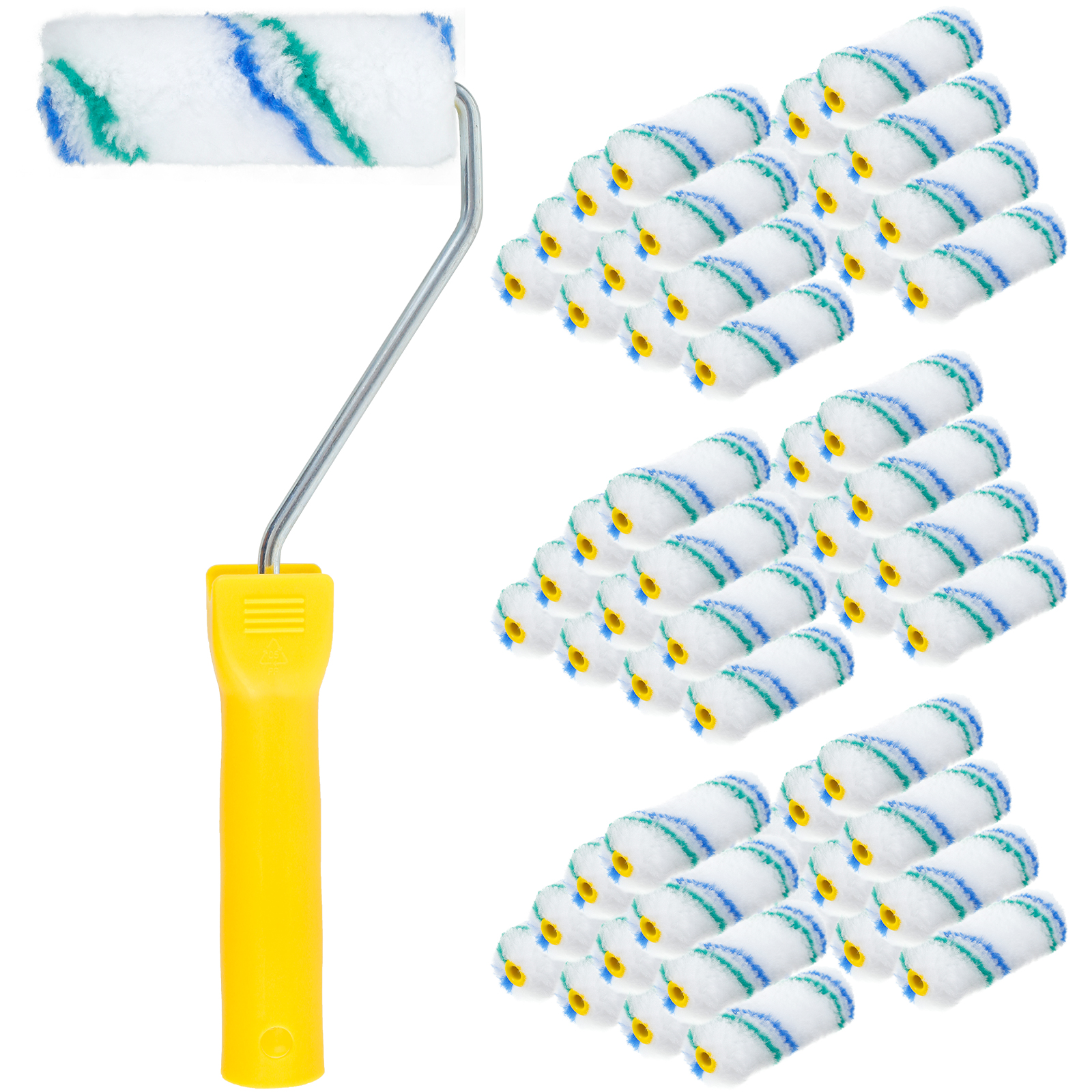 Kit de capas de rolo de pintura, 61 peças, 4 polegadas, rolos de pintura de poliéster, escova de rolo de pintura reutilizável, alça de rolo de pintura com 60 escovas de rolo