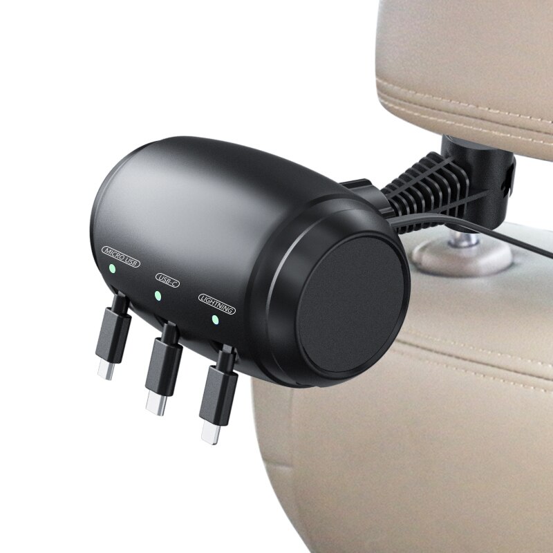 TQUQ Multi Car Headrest Backseat Retractable Cord 3 in 1 Power Charging Station Car Charger USB For iPhone Xiaomi Huawei