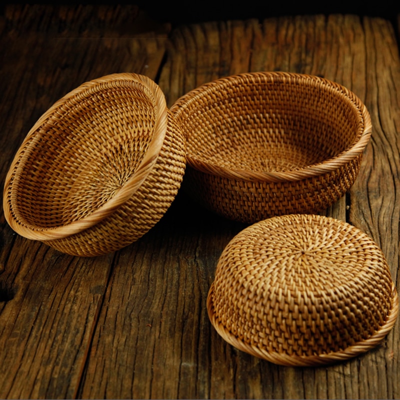 3st Handgemaakte Rotan Broedmand Set - Ronde Geweven Opbergmand voor Voedsel, Fruit, Groenten